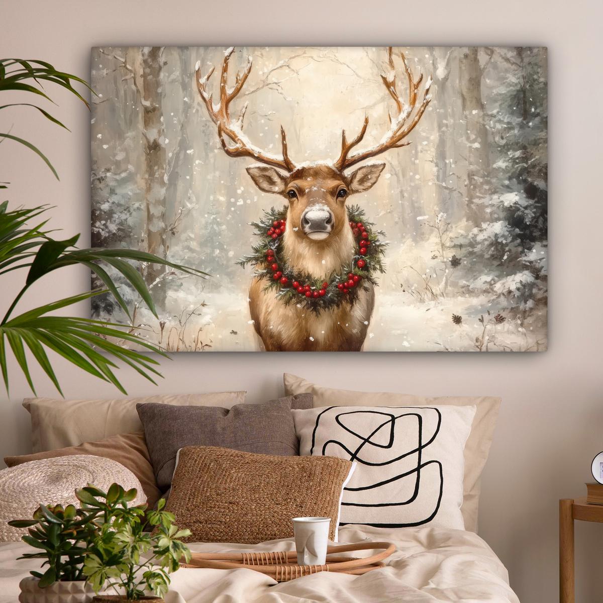 LEINWANDBILD Weihnachten - Rentier - Winter - Kranz Wohnzimmer Groß 120x80 cm - Naturfarben, Textil (120/80cm) - MuchoWow