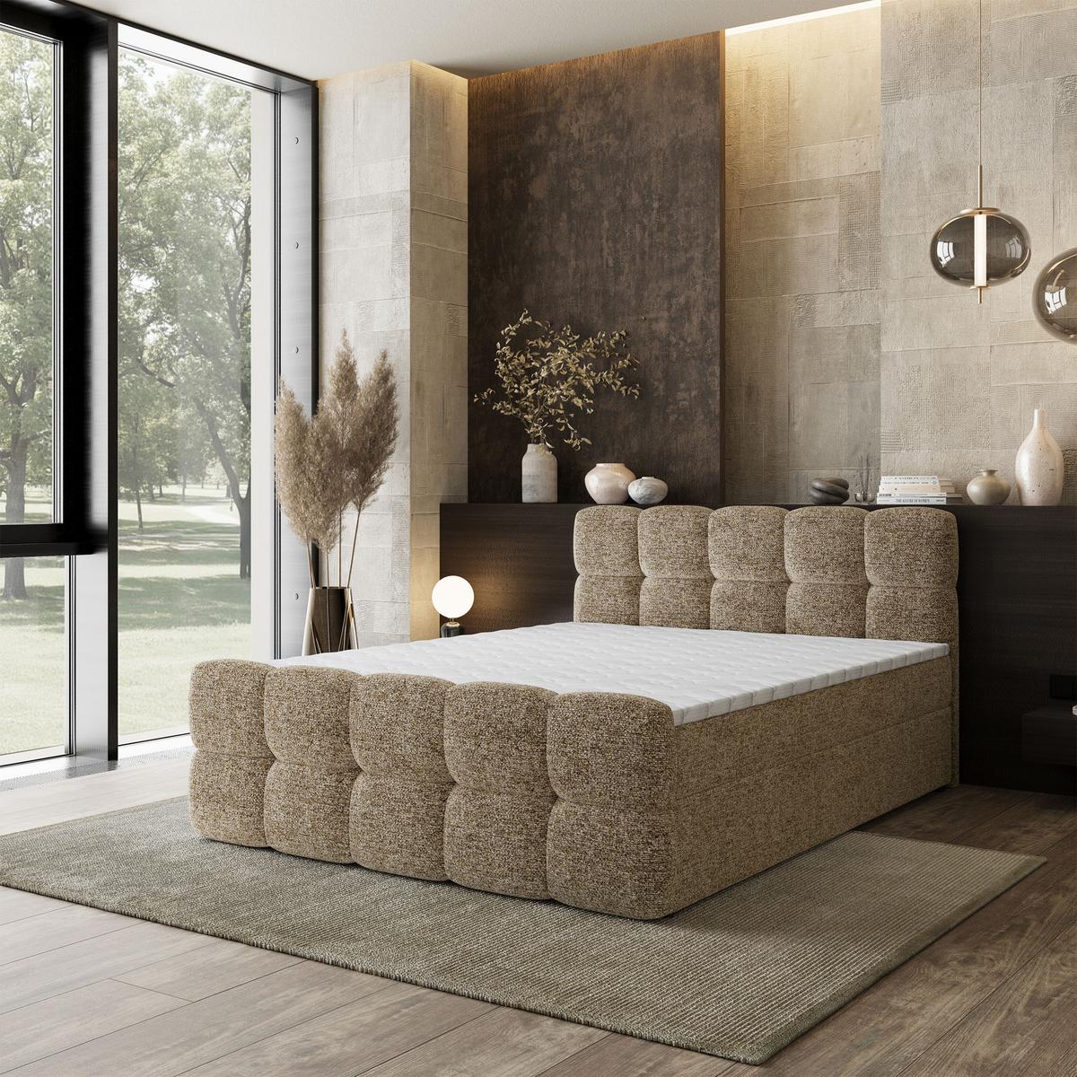 BOXBETT BRUME 160x200 cm mit Matratze und Topper, H2+H3 - Beige - Beige, Holz (160/200cm) - MASSENO