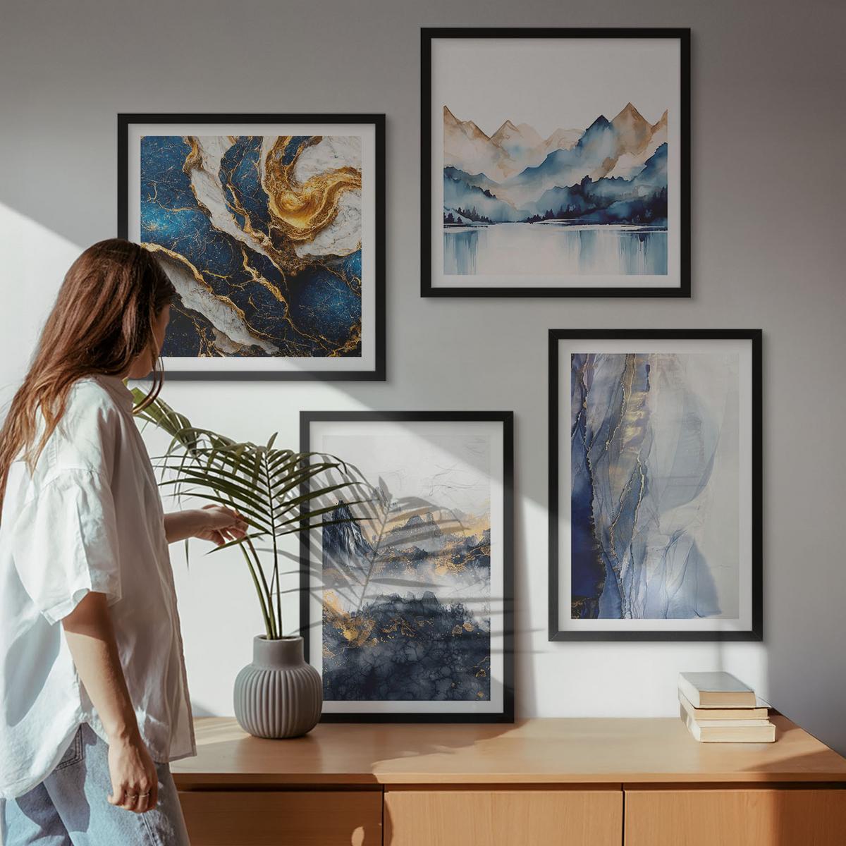 BILDER SET 4er Set - 50x50 cm & 40x60 cm Schwarzer Rahmen - Blaue Berglandschaften - Schwarz, Kunststoff (50/50cm) - TULUP