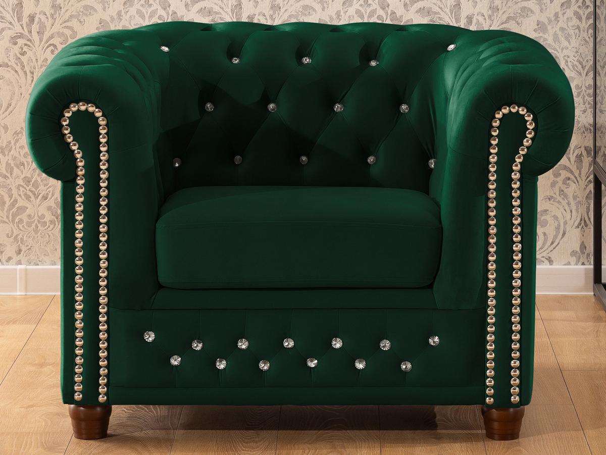 CHESTERFIELD-SESSEL Cleo Blink Flasche Grün Samt mit Kristallsteppung und braunen Massivholzfüßen - Beige/Braun, Holz/Textil (104/72/86cm) - S-Style Möbel