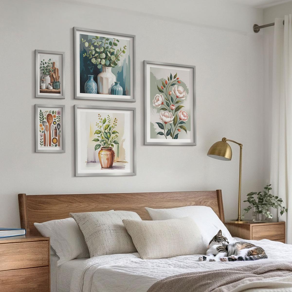 BILDER SET 5er Set - 50x50 cm & 20x30 cm & 40x60 cm Silberner Rahmen - Blumen und Früchte in Vasen - Silberfarben, Kunststoff (40/60cm) - TULUP