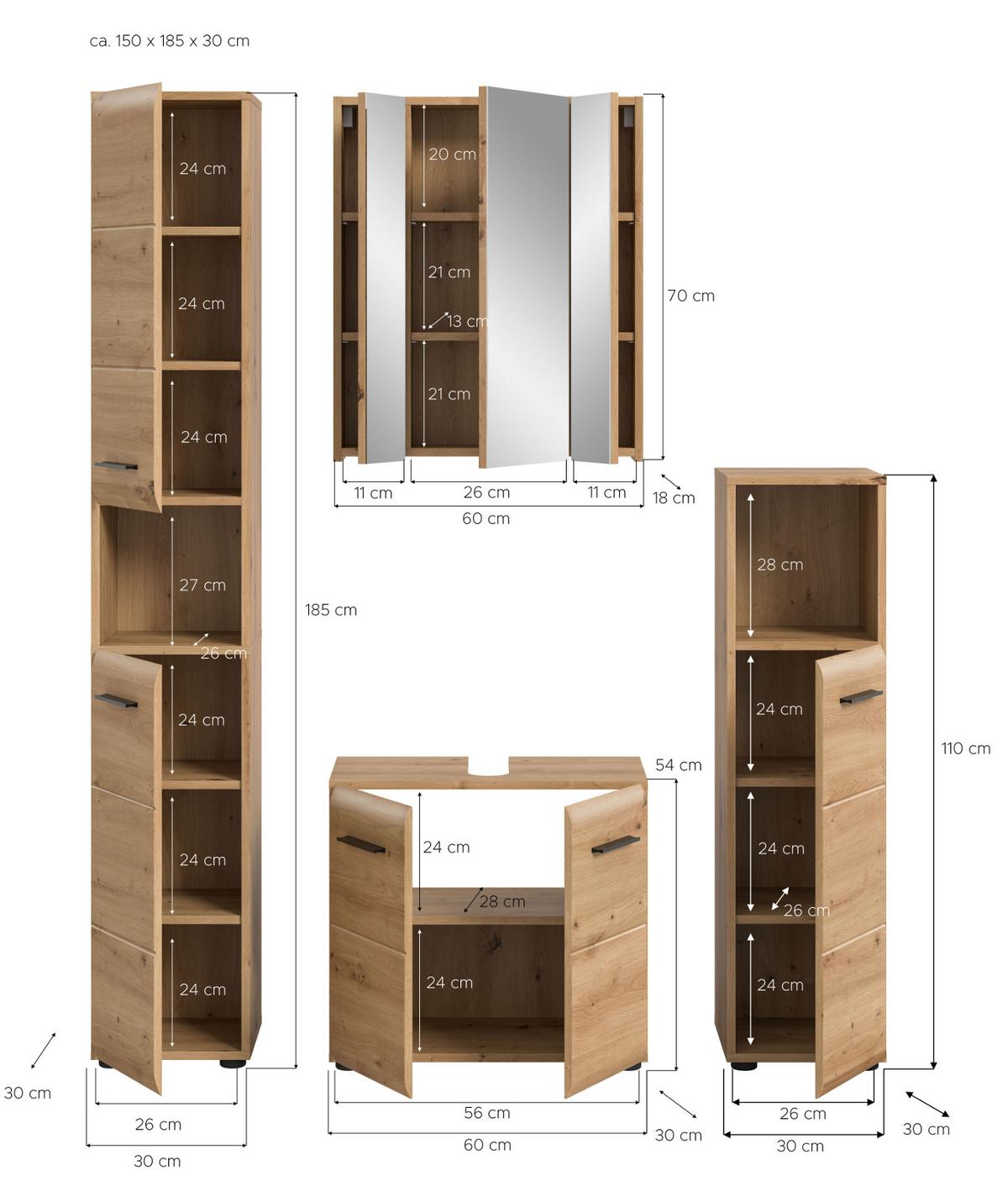 BADMÖBEL-SET 4-teilig in Artisan Eiche, Badkombination 150 x 185 cm, Cover - Schwarz/Eiche Artisan, Glas/Holzwerkstoff (150/185/30cm) - Inn.Furn