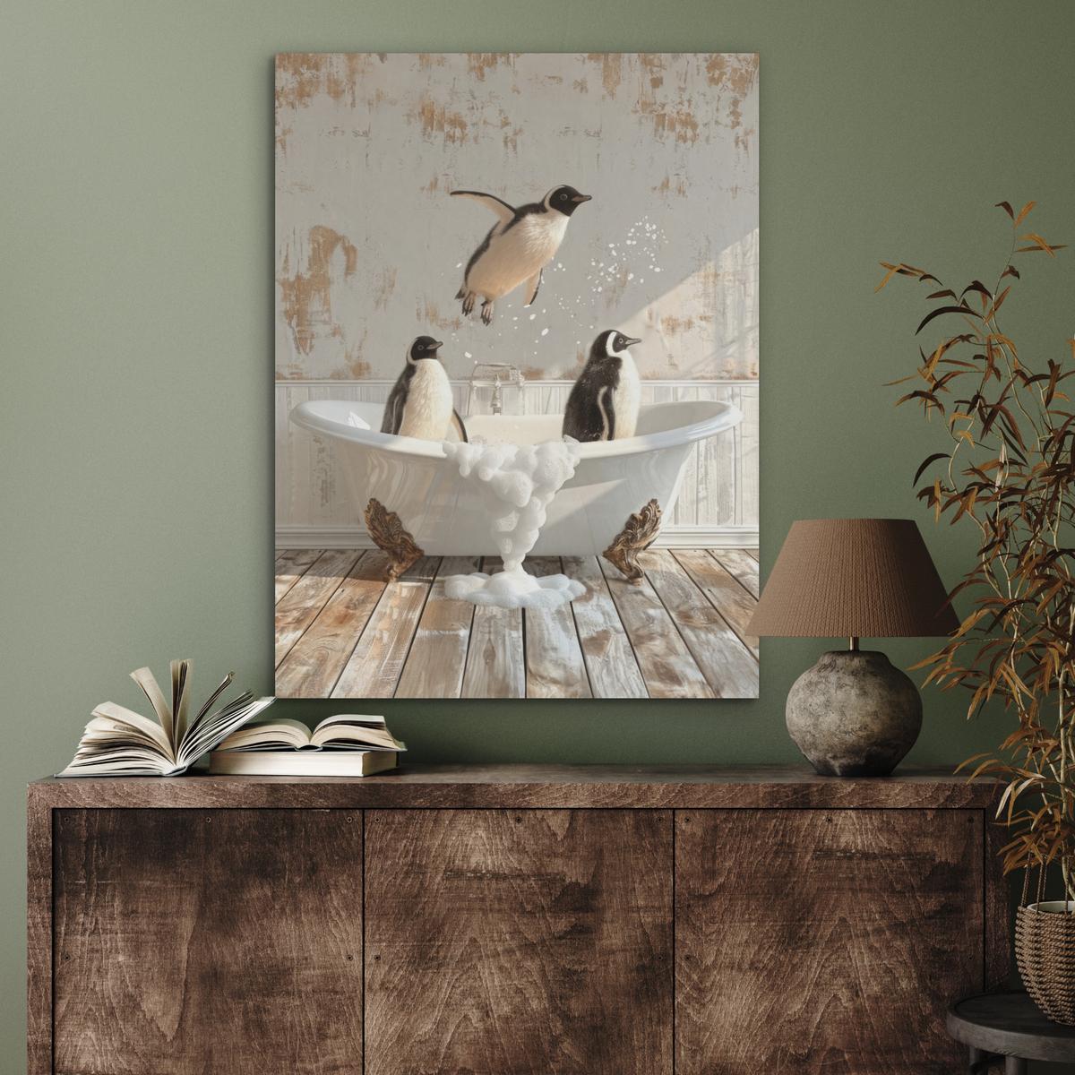AKUSTIKBILD Vintage - Pinguin - Badewanne - Schaumstoff Wandbilder 60x80 cm - Schwarz, Kunststoff (60/80/0.9cm) - MuchoWow