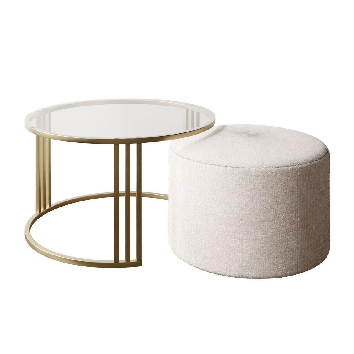 COUCHTISCH mit Hocker LORI GLASS gebürstetes Gold/transparentes Glas/Coral 65 - Transparent, Metall (70/70/49cm) - Lookway