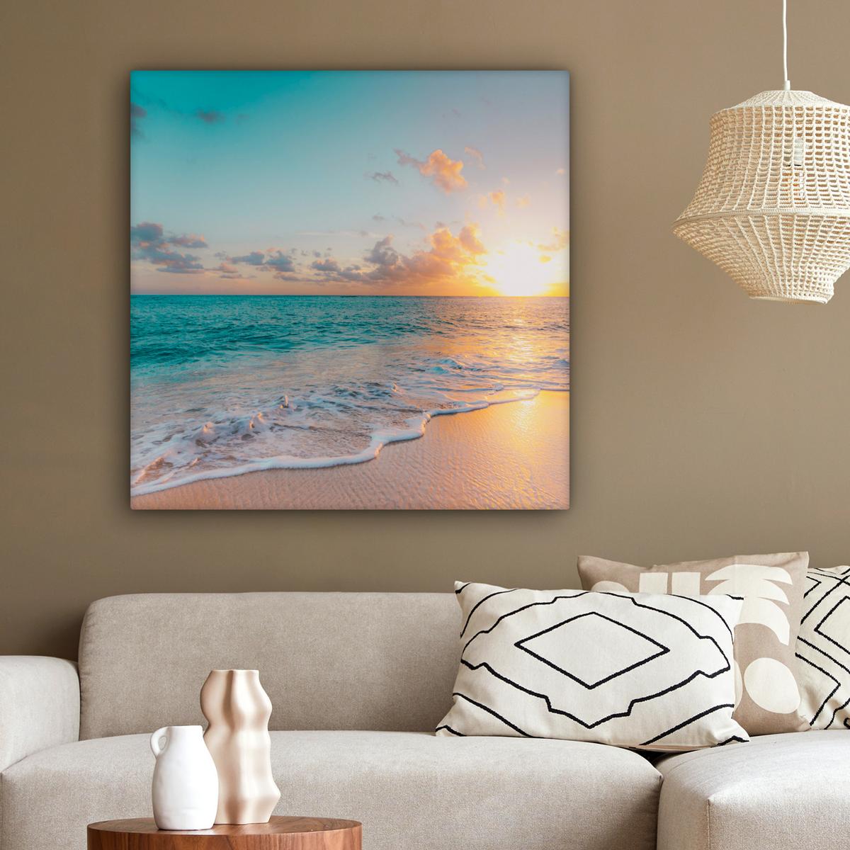 LEINWANDBILD Sonnenuntergang - Strand - Meer - Sommer - Blau Deko Groß 90x90 cm - Multicolor, Textil (90/90cm) - MuchoWow
