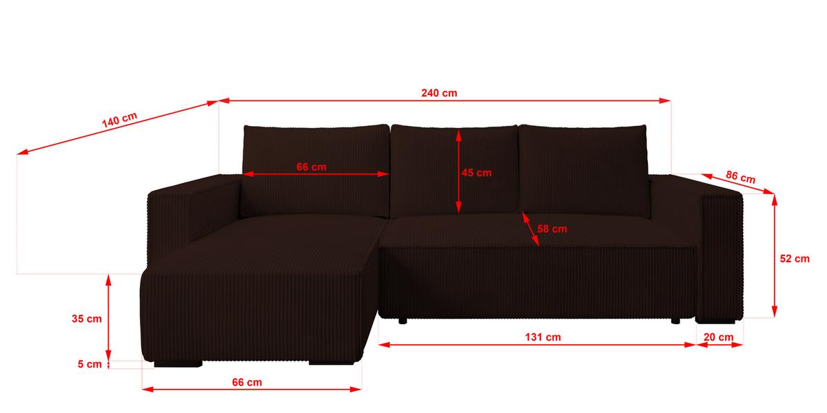 ECKSOFA CUDDY L, Eckcouch in L-Form mit Schlaffunktion und Bettkasten, Farbe: Dunkelbraun, Cordstoff, Ottomane Links - Dunkelbraun, Textil (240/140cm) - Storez24
