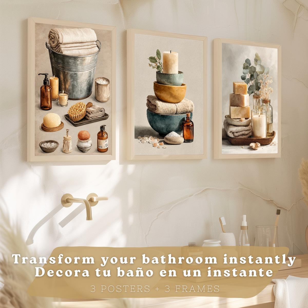 POSTER Set aus 3 Badezimmer Wandbildern und Drucke zur Dekoration für Waschbecken Dusche WC mit Kerzen Seifen und Handtüchern Leichter Holzrahmen A4 - Beige, Papier (29.7/21/3cm) - Nacnic