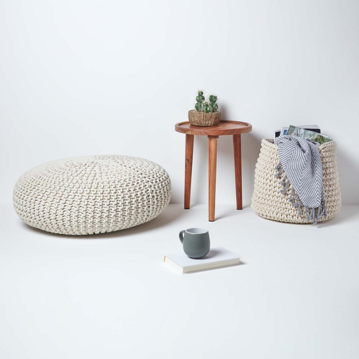 STRICK-POUF natur, Bodenkissen rund 70/70/23 cm - Naturfarben, Textil (70/23/70cm) - Homescapes