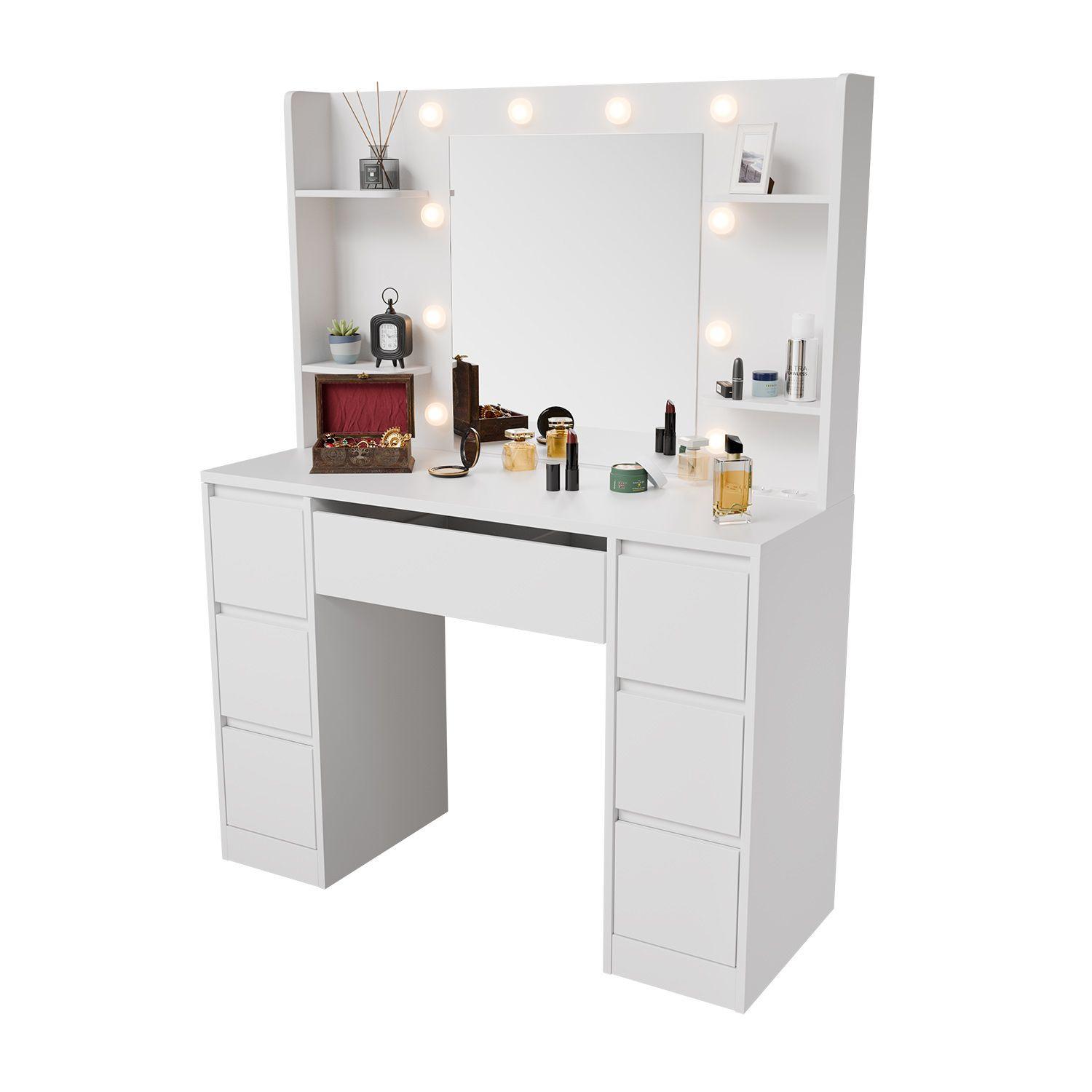 SCHMINKTISCH Malia mit LED - Weiß, Holz (107/140/40cm) - Juskys