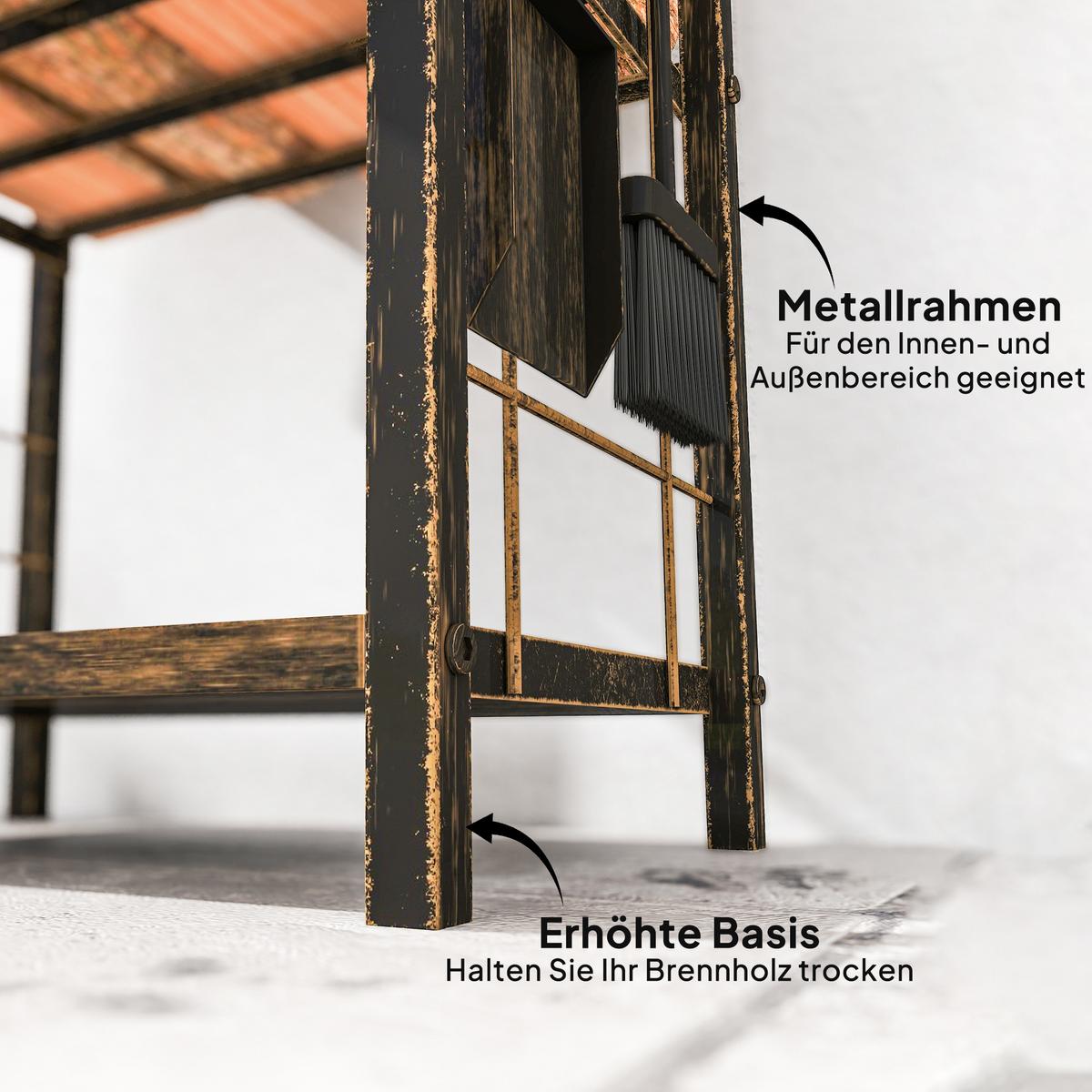 KAMINHOLZREGAL für innen 43 x 30 x 74cm 2 Ebenen Brennholzregal mit 4 Haken - Dunkelbraun, Metall (30/74/43cm) - Outsunny