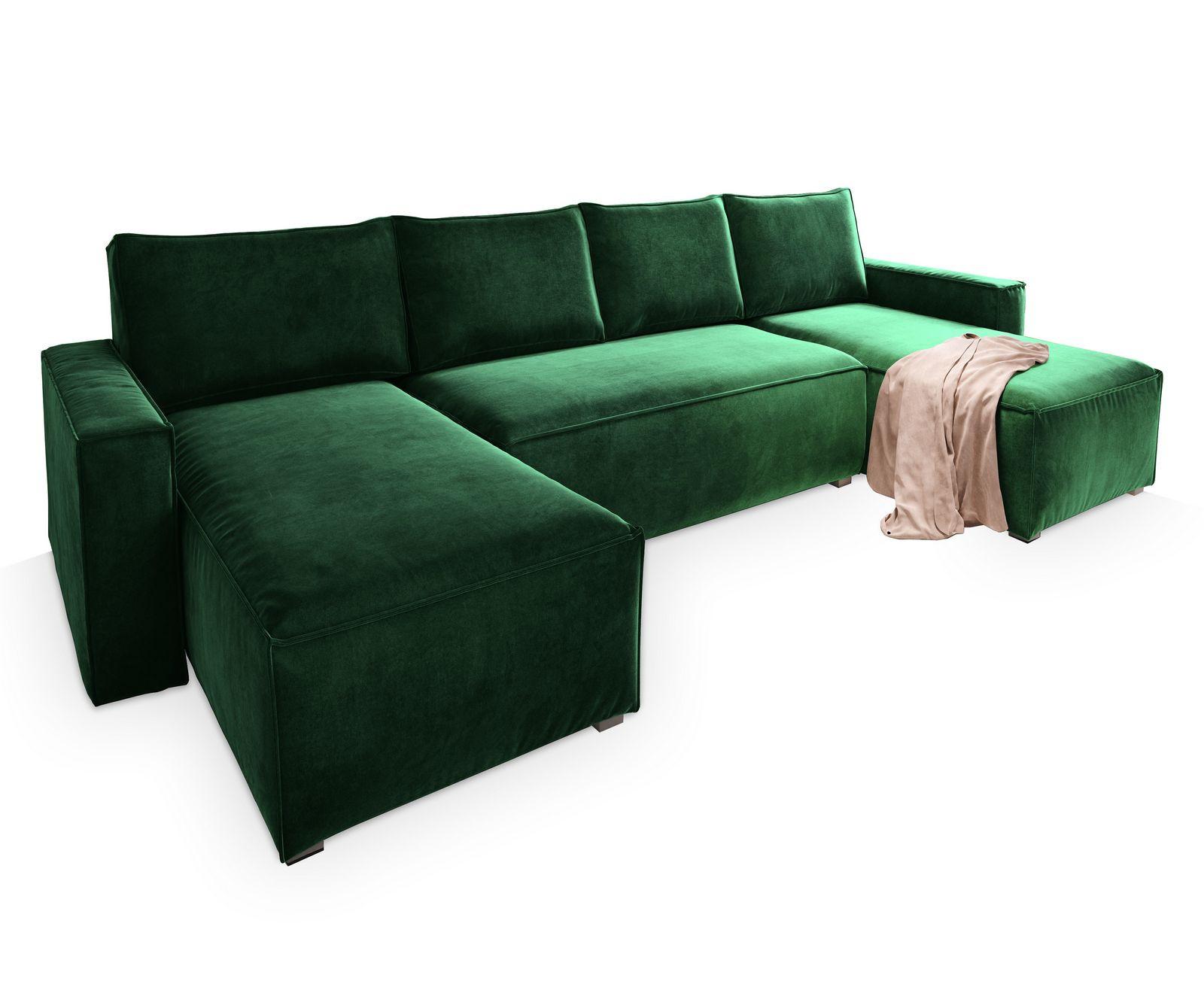 WOHNLANDSCHAFT DENI Grün Velours-Stoff mit Schlaffunktion - Grau/Grün, Holz/Kunststoff (295/85/140cm) - MASSENO