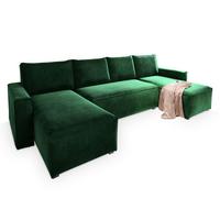 WOHNLANDSCHAFT DENI Grün Velours-Stoff mit Schlaffunktion - Grau/Grün, Holz/Kunststoff (295/85/140cm) - MASSENO