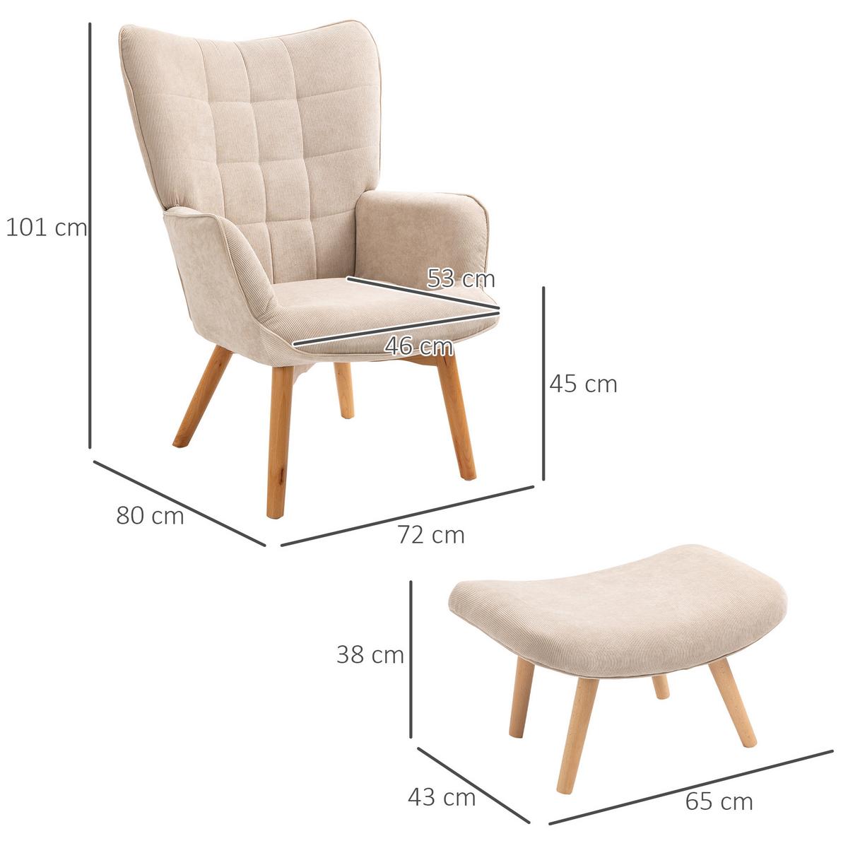 OHRENSESSEL mit Hocker, Relaxsessel, Polstersessel in Cord-Optik, mit Holzbeine - Beige/Naturfarben, Buchenholz/Textil (80/101/72cm) - HOMCOM
