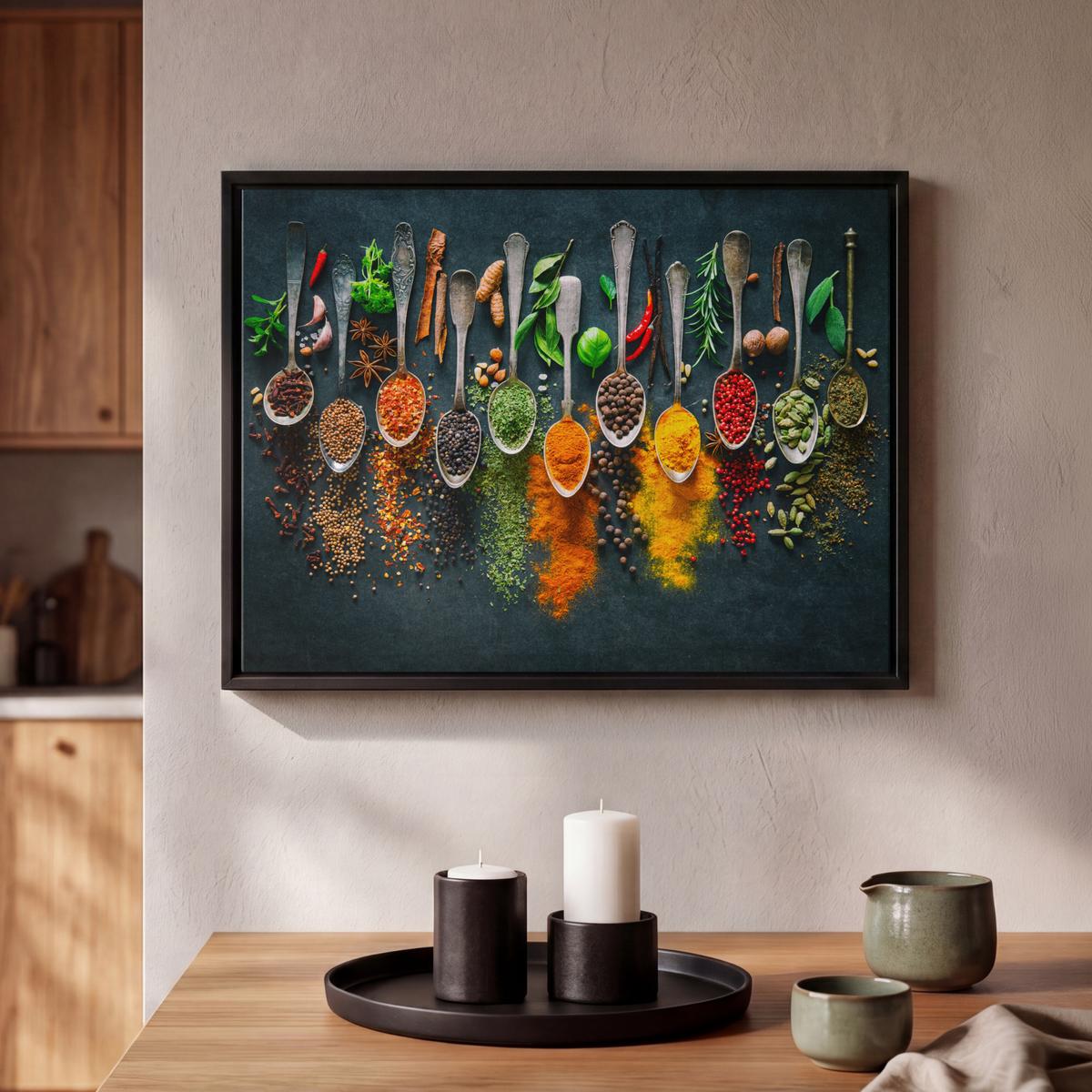 LEINWAND Bilder mit Rahmen - Kräuter - Gewürze - Löffel - 40x30 - Currygelb, Textil (40/30cm) - MuchoWow