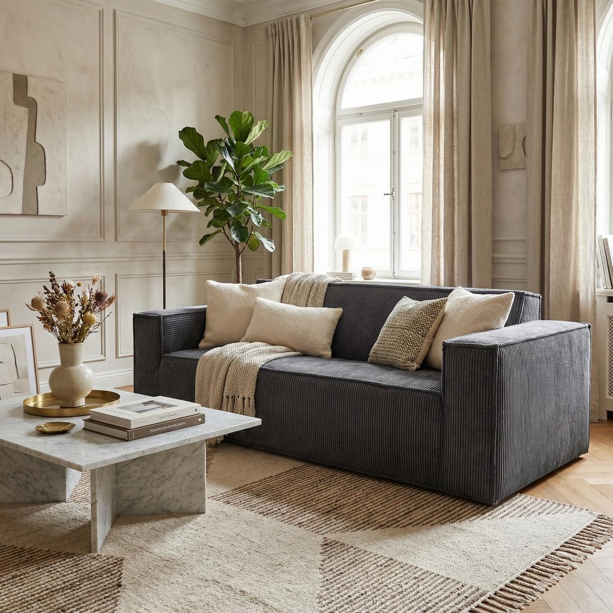 2-SITZER-SOFA Cord Grau mit Federkern, Montagefrei - Grau, Textil (178/70/86cm) - Urban Meuble