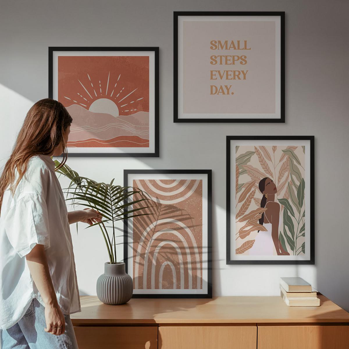 BILDER SET 4er Set - 50x50 cm & 40x60 cm Schwarzer Rahmen - abstrakte Formen im Boho-Stil - Schwarz, Kunststoff (50/50cm) - TULUP