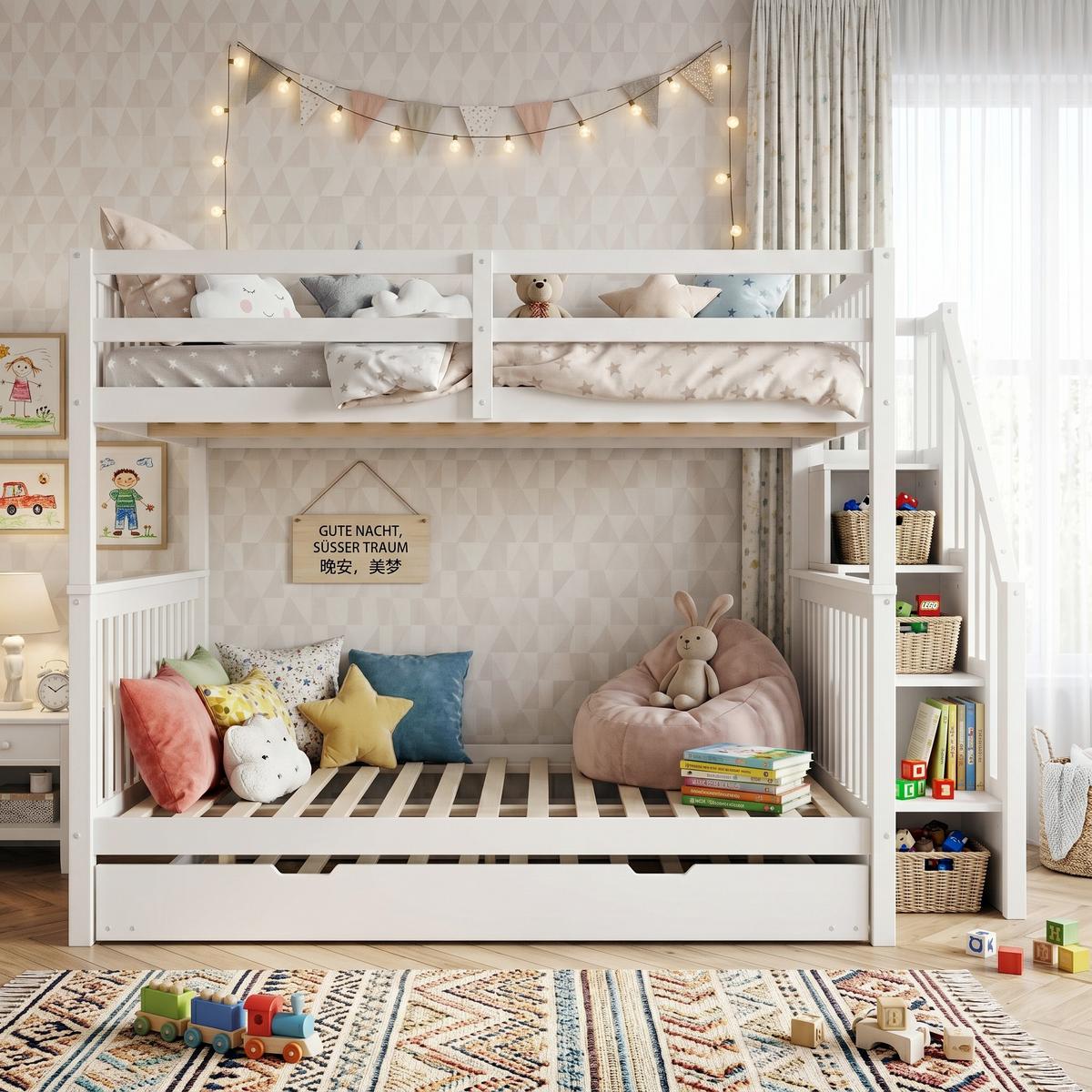 ETAGENBETT kiefernholz weiß 140x200cm mit treppe stauraum - Weiß, Holz (140/200cm) - Urban Meuble