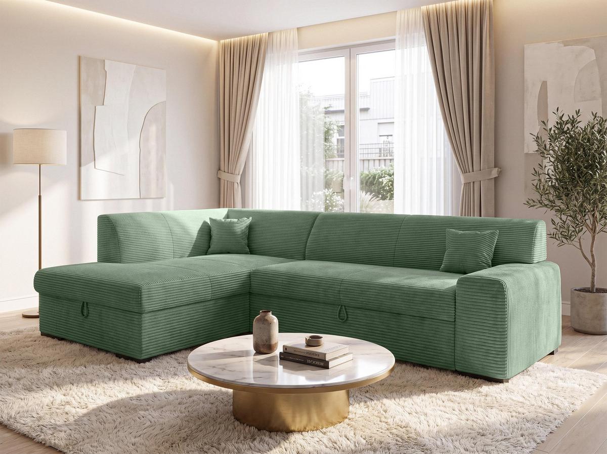 ECKSOFA L Form Minosa Salbeigrün 260/175/71 cm Links mit Schlaffunktion - Salbeigrün/Schwarz, Kunststoff/Textil (260/175cm) - AX Living