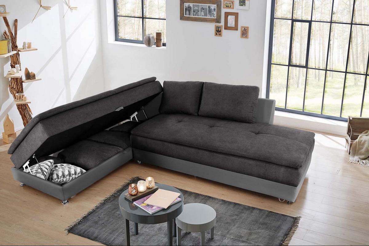 ECKSOFA-DAUERSCHLÄFER Doppelbett Boxspring Federkern Topper, Schwenkteil rechts B306/T223/H95 cm, Kunstleder Grau+Mikrofaser Anthrazit / 15106 - Chromfarben/Anthrazit, Kunststoff/Textil (306/223cm) - luma-home