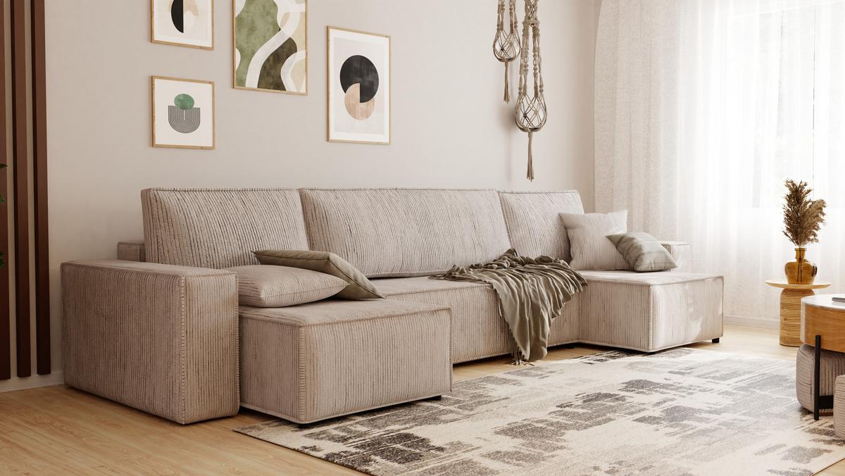 ECKSOFA mit Schlaffunktion und Bettkasten, Beige - Beige, Holzwerkstoff/Textil (312/145cm) - Idohome