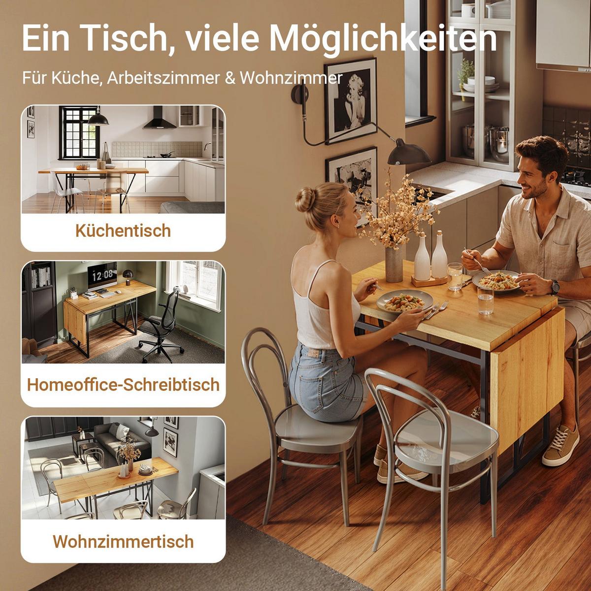 ESSTISCH klappbar für 2-8 Personen, 65x(110-200) x76cm - Naturfarben, Holz/Metall (65/200/76cm) - SoBuy
