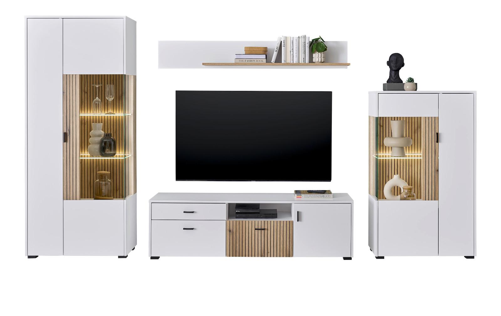 WOHNWAND 4-teilig weiß matt, Eiche 320 x 180 cm, Schrankwand mit viel Stauraum und Soft-Close - Eichefarben/Schwarz, Glas/Holzwerkstoff (320/180/42cm) - Furn.Design