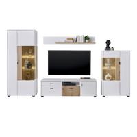 WOHNWAND 4-teilig weiß matt, Eiche 320 x 180 cm, Schrankwand mit viel Stauraum und Soft-Close - Eichefarben/Schwarz, Glas/Holzwerkstoff (320/180/42cm) - Furn.Design