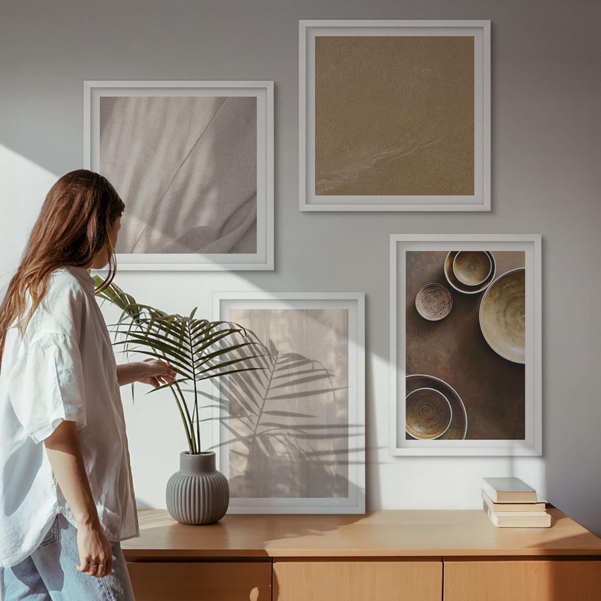 BILDER SET 4er Set - 50x50 cm & 40x60 cm Weißer Rahmen - Strukturen, Texturen, Minimalismus - Weiß, Kunststoff (50/50cm) - TULUP