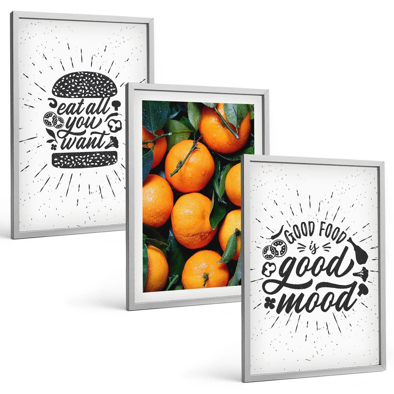 BILDER SET 3er Set - 40x60 cm Silberner Rahmen - Juicy Oranges Kitchen - Silberfarben, Kunststoff (40/60cm) - TULUP