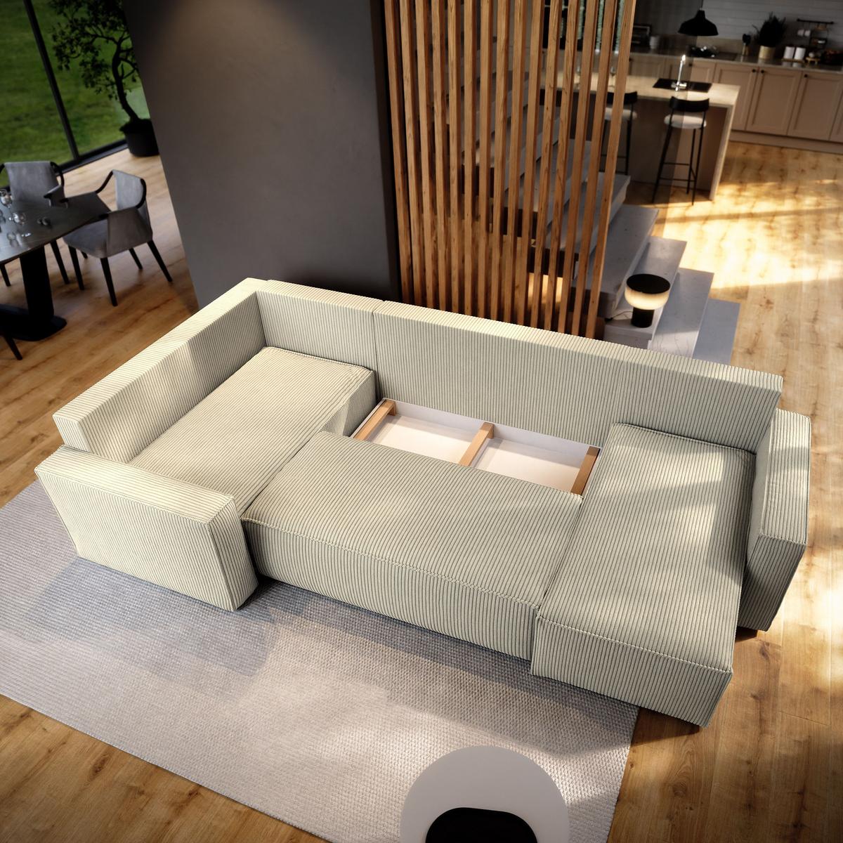 WOHNLANDSCHAFT NORENA L-S Creme Kordstoff mit Schlaffunktion - Creme, Holz (295/85/157.5cm) - MASSENO