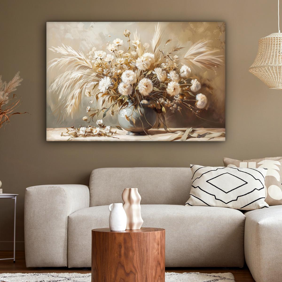 LEINWANDBILD Blumen - Vase - Stilleben - Beige Wohnzimmer Groß 120x80 cm - Creme, Textil (120/80cm) - MuchoWow