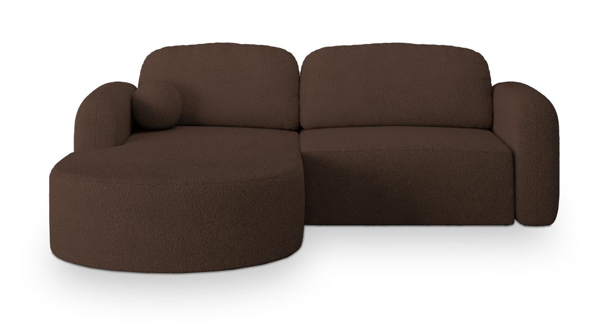 ECKSOFA AMILIA L-S Braun Boucle-Stoff mit Schlaffunktion - Braun, Holz (263/174cm) - MASSENO