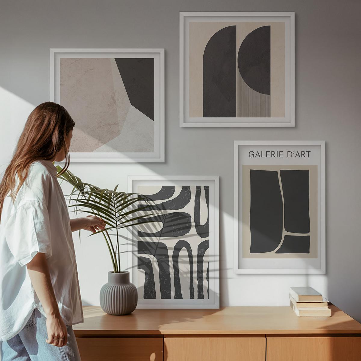 BILDER SET 4er Set - 50x50 cm & 40x60 cm Weißer Rahmen - Abstrakte minimalistische Poster - Weiß, Kunststoff (50/50cm) - TULUP