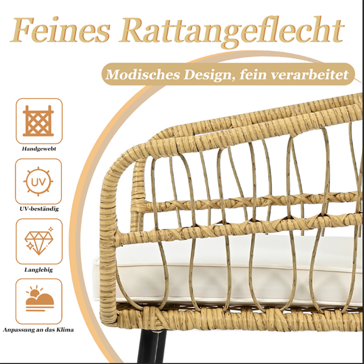 LOUNGEGARNITUR 5-tlg. Rattan Natur & Weiß Balkonmöbel mit Tisch, 2 Stühlen & 2 Hockern - Naturfarben, Textil - Urban Meuble
