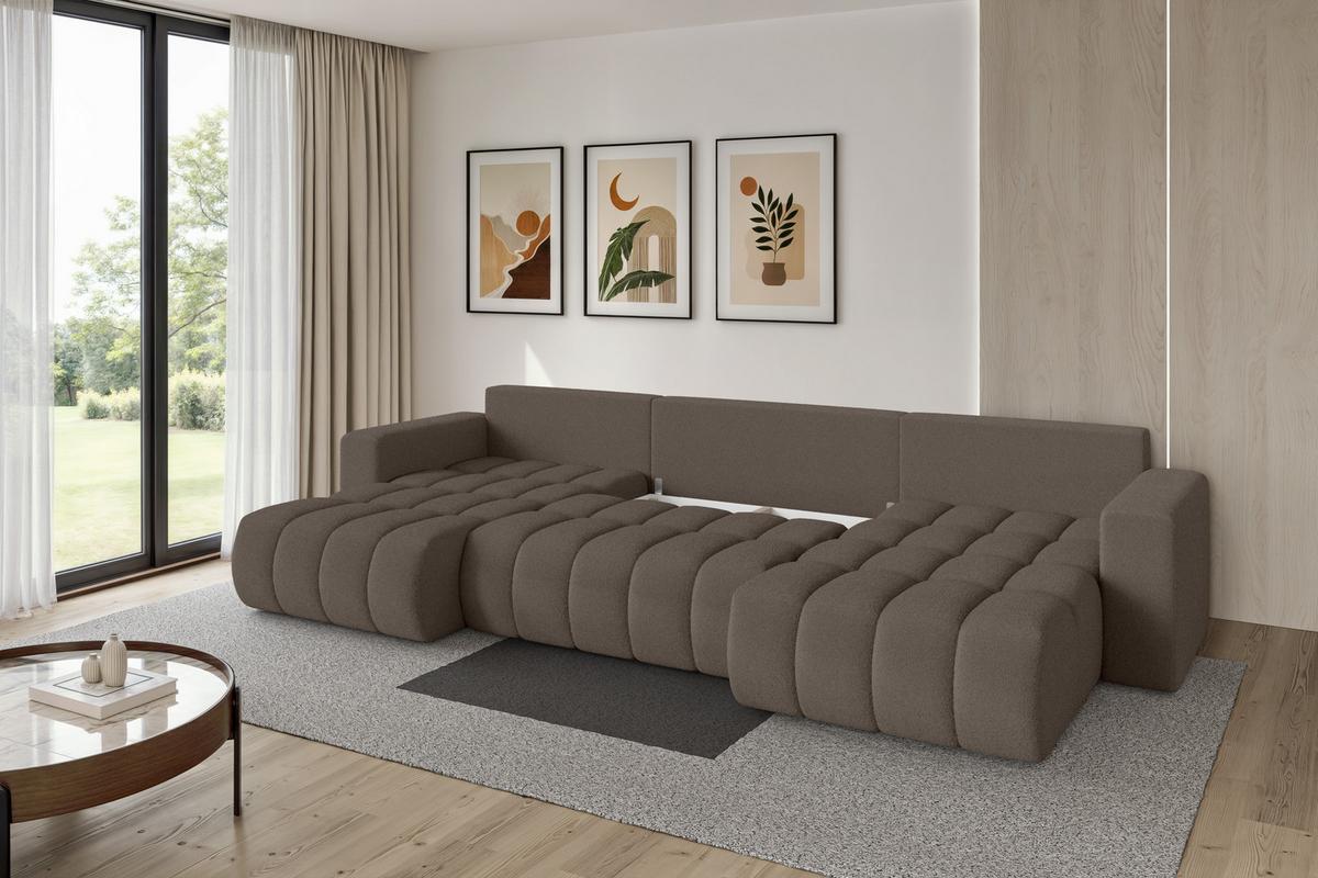WOHNLANDSCHAFT mit Schlaffunktion und Bettkasten MILA-U-v1 378x194x86 Braun Bouclé - Schwarz/Braun, Holzwerkstoff/Kunststoff (378/86/194cm) - ALTDECOR