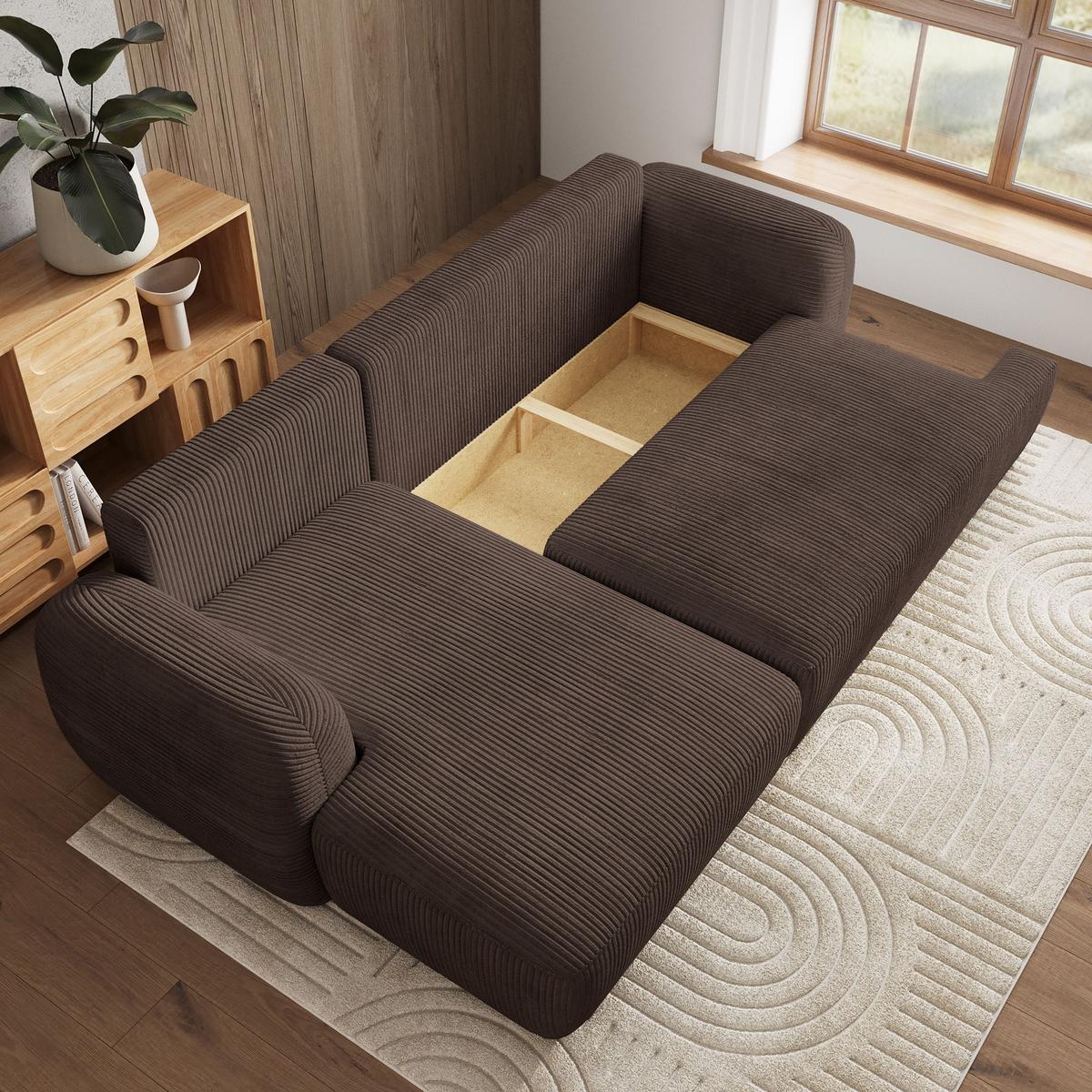 ECKSOFA MODENZA P L-S Braun Kordstoff mit Schlaffunktion - Schwarz/Braun, Holz/Kunststoff (266/148cm) - MASSENO