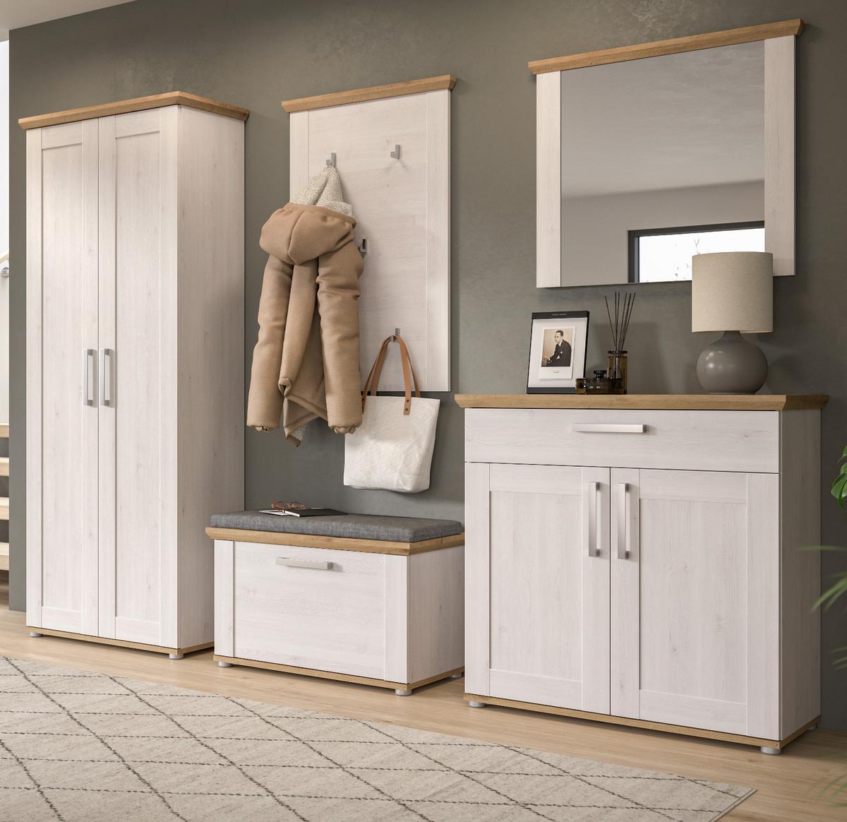 GARDEROBE Set 5-teilig weiß Lärche 285 cm, Komplettset im Landhaus-Stil - Silberfarben/Weiß, Glas/Holzwerkstoff (285/196/39cm) - Inn.Furn