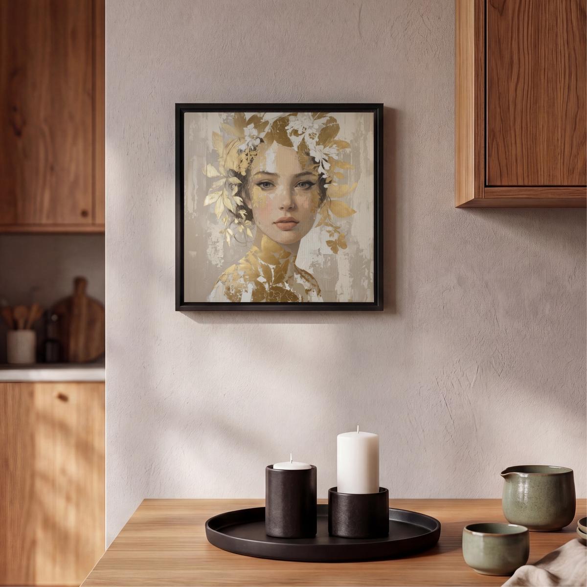 LEINWAND Bilder mit Rahmen - Gesicht - Frau - Blätter - Gold - 20x20 - Beige, Textil (20/20cm) - MuchoWow