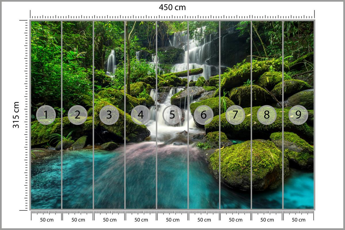 FOTOTAPETE für Küche Wasserfall Dschungel Bäume Steine Tropisch 450x315 - Türkis/Blau, Papier (450/315cm) - Muralo
