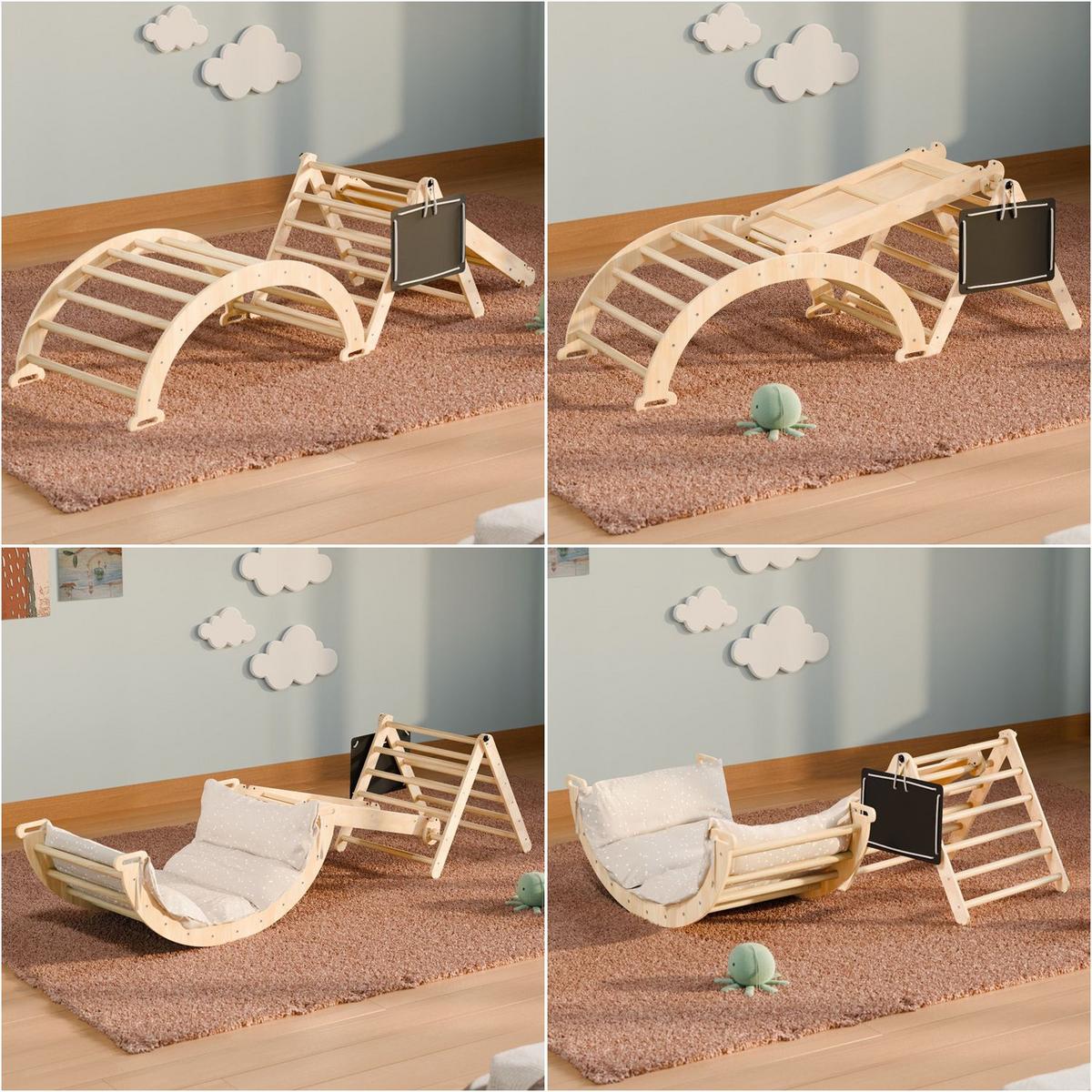 KLETTERDREIECK Movario mit Kissen 80x50cm - Klein - Naturfarben, Holz (54/55/54cm) - Juskys