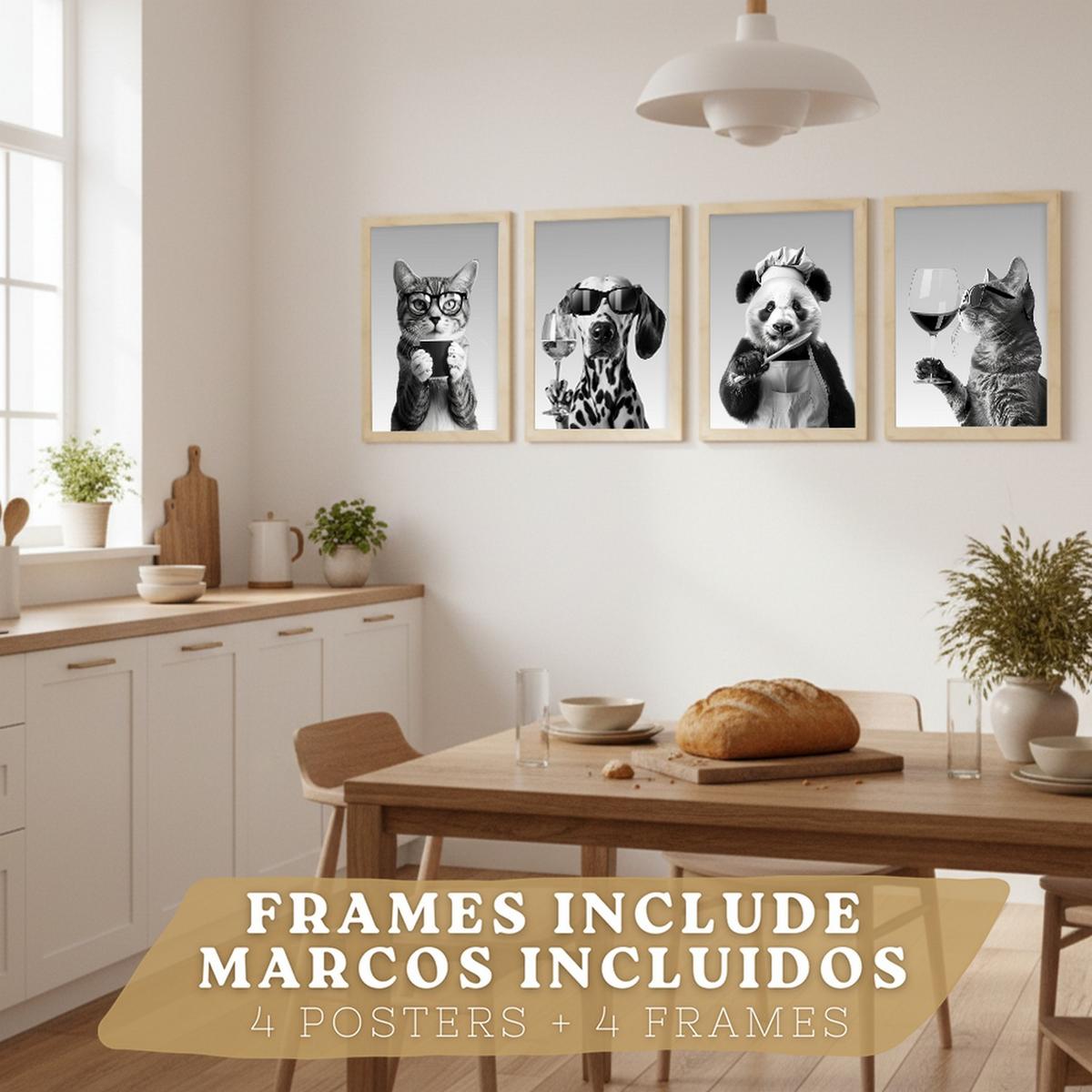 POSTER 4er Set Lustige Tiere mit Brille Wandbilder Katze Dalmatiner Panda Koch Schwarz Weiß Küche Deko Leichter Holzrahmen A3 - Beige, Papier (29.7/1/42cm) - Nacnic