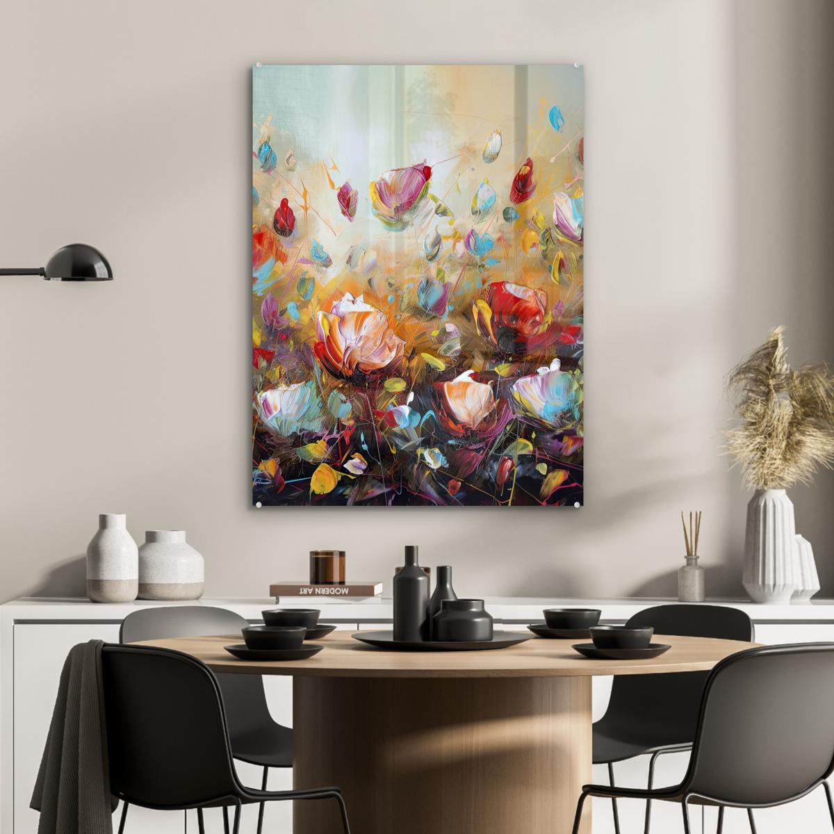 ACRYLGLASBILD Blumen - Kunst - Natur - Ölgemälde 60x80 cm - Multicolor, Glas (60/80cm) - MuchoWow