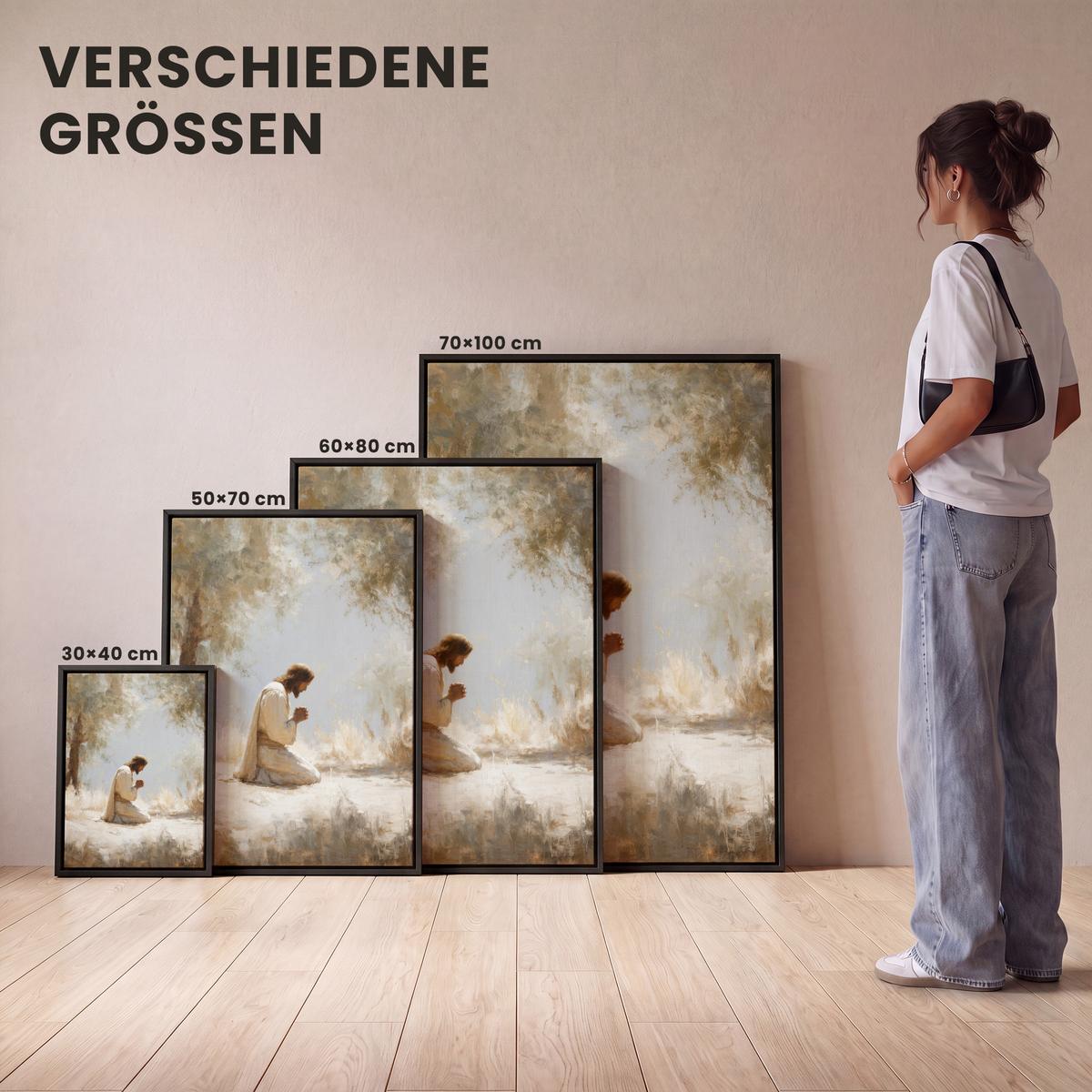 LEINWAND Bilder mit Rahmen - Jesus - Kniend - Waldlandschaft - Betend - 50x70 - Beige, Textil (50/70cm) - MuchoWow