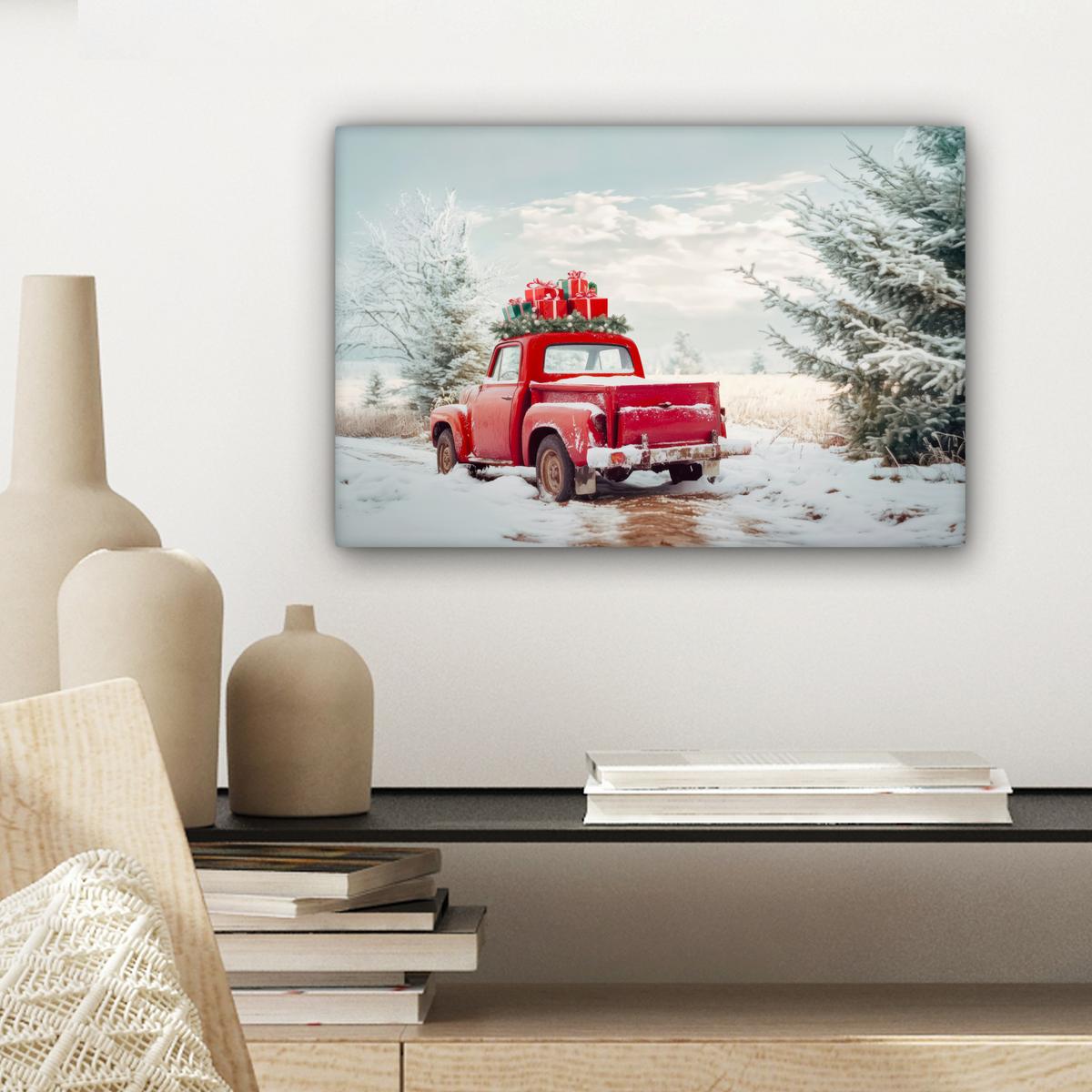 LEINWANDBILD Auto - Rot - Geschenke - Winter - Schnee - Weihnachten Deko Schlafzimmer 30x20 cm - Rot, Textil (30/20cm) - MuchoWow