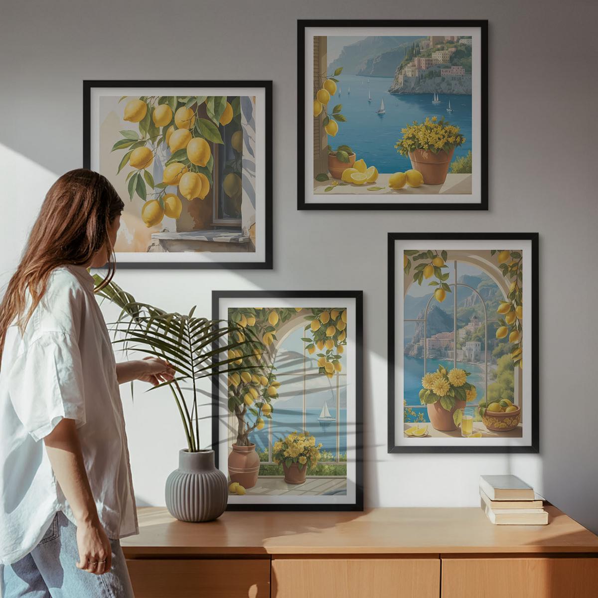 BILDER SET 4er Set - 50x50 cm & 40x60 cm Schwarzer Rahmen - Meereslandschaften, Zitronen, Fenster - Schwarz, Kunststoff (50/50cm) - TULUP