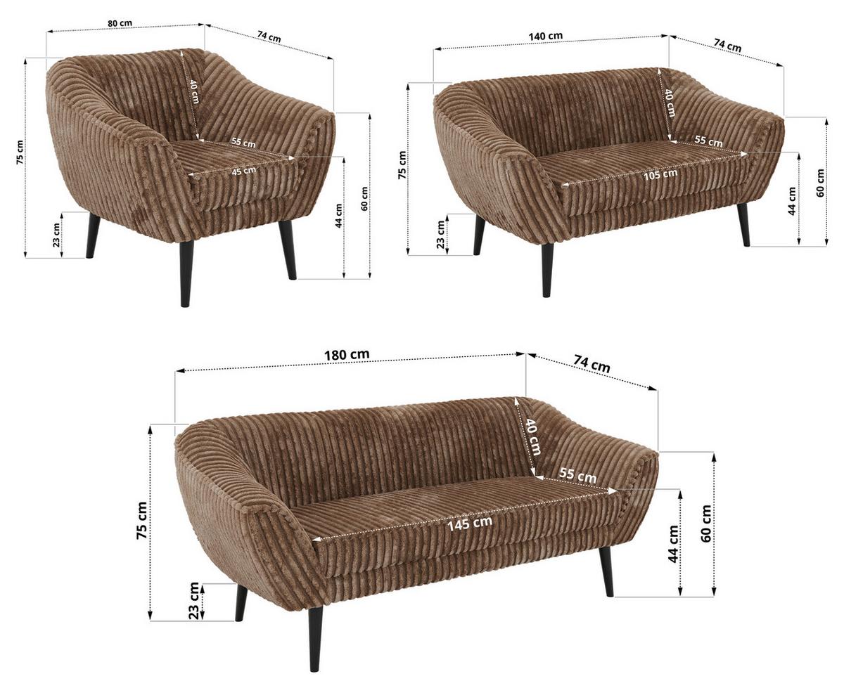 SITZGARNITUR PIRS 3+2+1 - Braun Cord - Schwarze Beine - Schwarz/Braun, Holzwerkstoff/Textil (180/75/74cm) - MKS