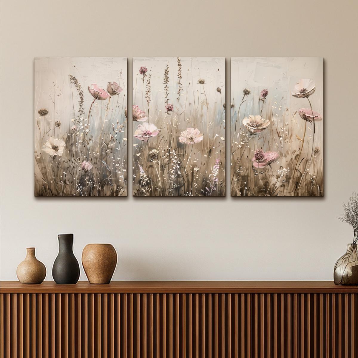 LEINWANDBILD 3er Set Blumen - Beige - Modern - Rosa 120x60 cm - Ecru, Textil (120/60cm) - MuchoWow