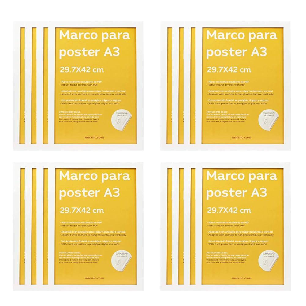 RAHMEN Set mit 12 aus MDF und Acrylglas Schutz und Aussteller für Fotografien, Bilder, Poster, Gemälde, Dekoration für Haus Farbe Weiß A3 - Weiß, Holz (29.7/3cm) - Nacnic