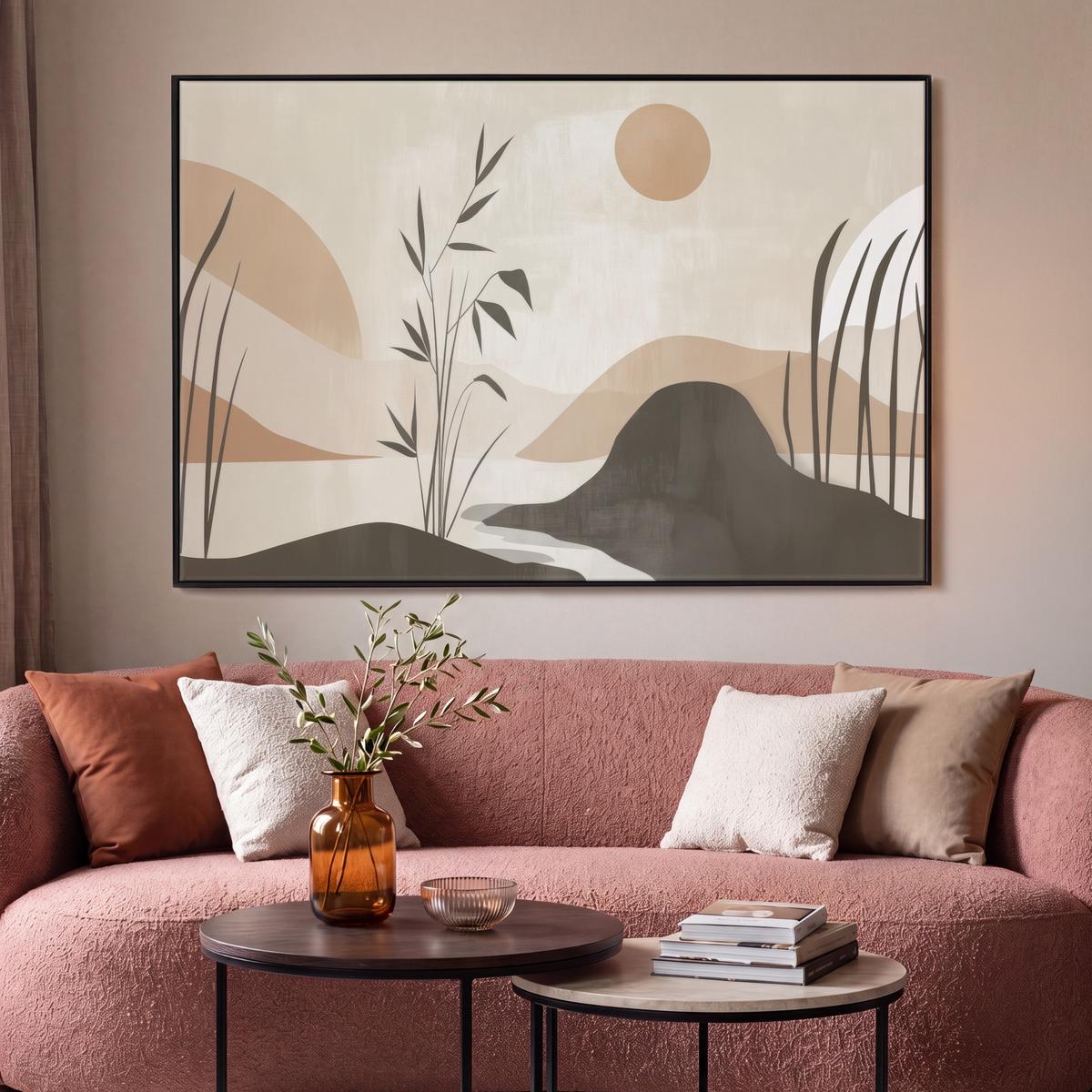 LEINWAND Bilder mit Rahmen - Japandi - Landschaft - Beige - 120x80 - Cognac, Textil (120/80cm) - MuchoWow