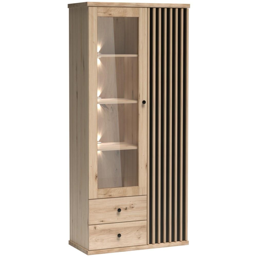 VITRINE Caya mit zwei Türen, zwei Schubladen und LED-Beleuchtung - Eiche Artisan, Holzwerkstoff (86/191/41cm) - Beautysofa